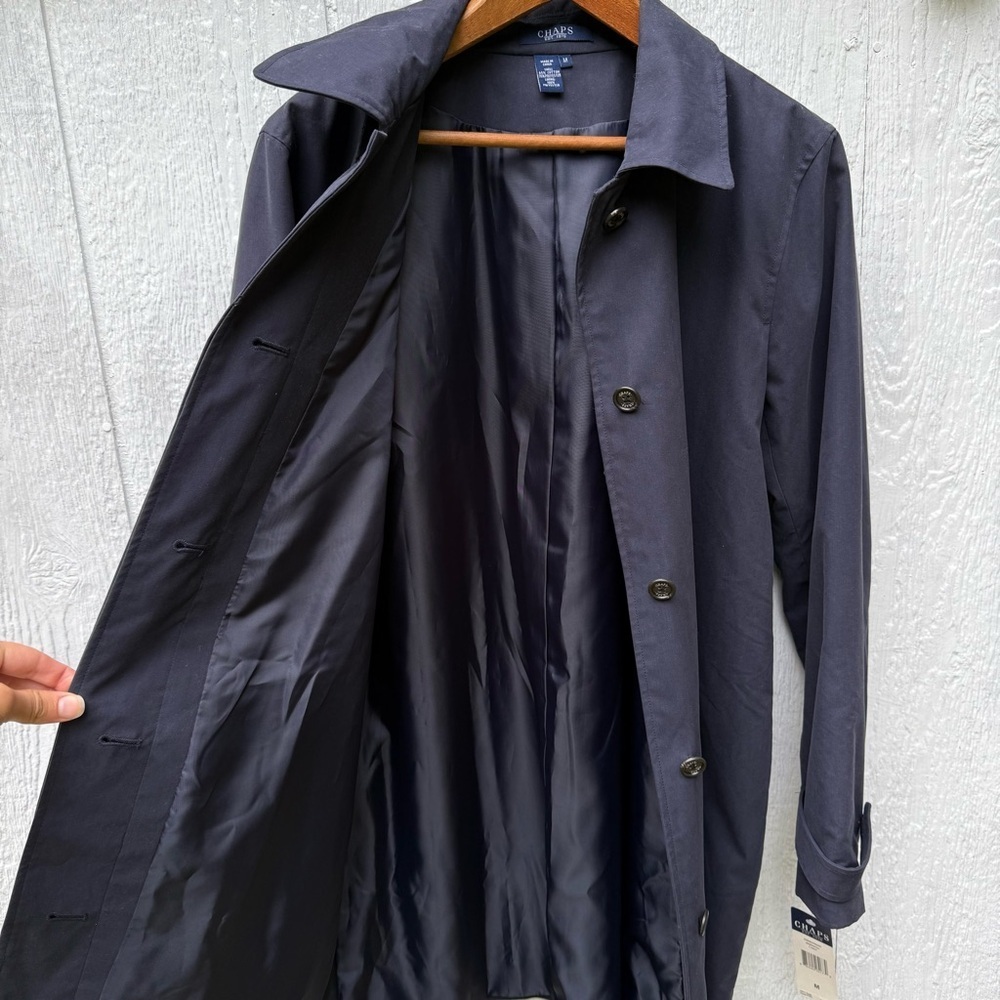 NWT Chaps Unisex Hidden Button Front Navy Trench Coat Jacket M Lined Pockets - Picture 6 of 9